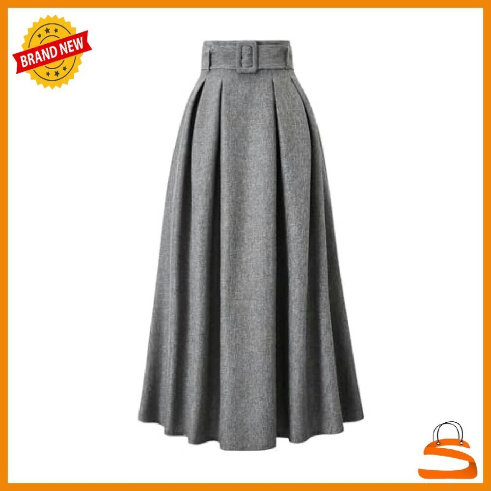 High Waisted Pleated Long Skirt Belted A Line Office Wear - Picture 2 of 6